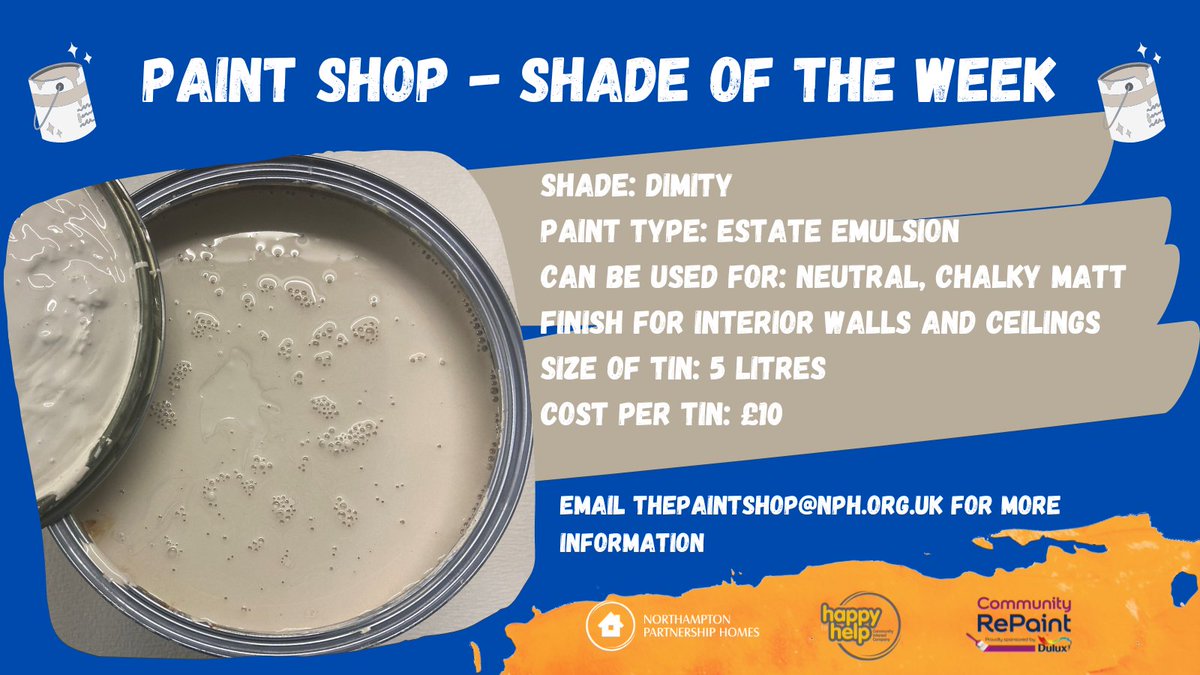 NPH_news's tweet photo. This week's #ShadeoftheWeek is Dimity. It's a lovely, neutral colour with chalky matt finish. It can be used on interior walls and ceilings.
It's in stock in 5 litre tins, costing £10 each. (1/2) https://t.co/nyALo7cWvw