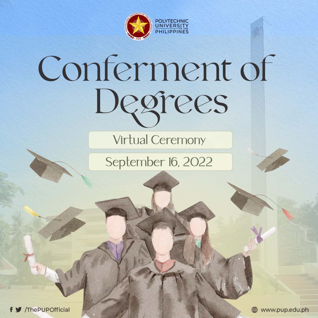ThePUPOfficial's tweet photo. 1/2: ADVISORY

The University wishes to announce that the 2022 Year-End Graduation Ceremonies (Distribution of Diploma and Recognition rites - i.e. awarding of honors and medals) will be held face-to-face at the University grounds on the scheduled date for respective clusters. https://t.co/FPrK4eJ1Rg