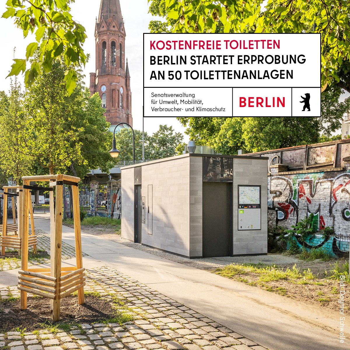 SenMVKUBerlin's tweet photo. Ab dem 15.08. starten wir gemeinsam mit @wallgmbh eine sechsmonatige Testphase, bei der 50 öffentliche Toiletten im gesamten Stadtgebiet kostenfrei genutzt werden können. Anschließend wird evaluiert, wie die Anlagen ab 2023 betrieben werden. Mehr Infos 👉 https://t.co/W5mT4vDZzG https://t.co/zfIah5ywAS