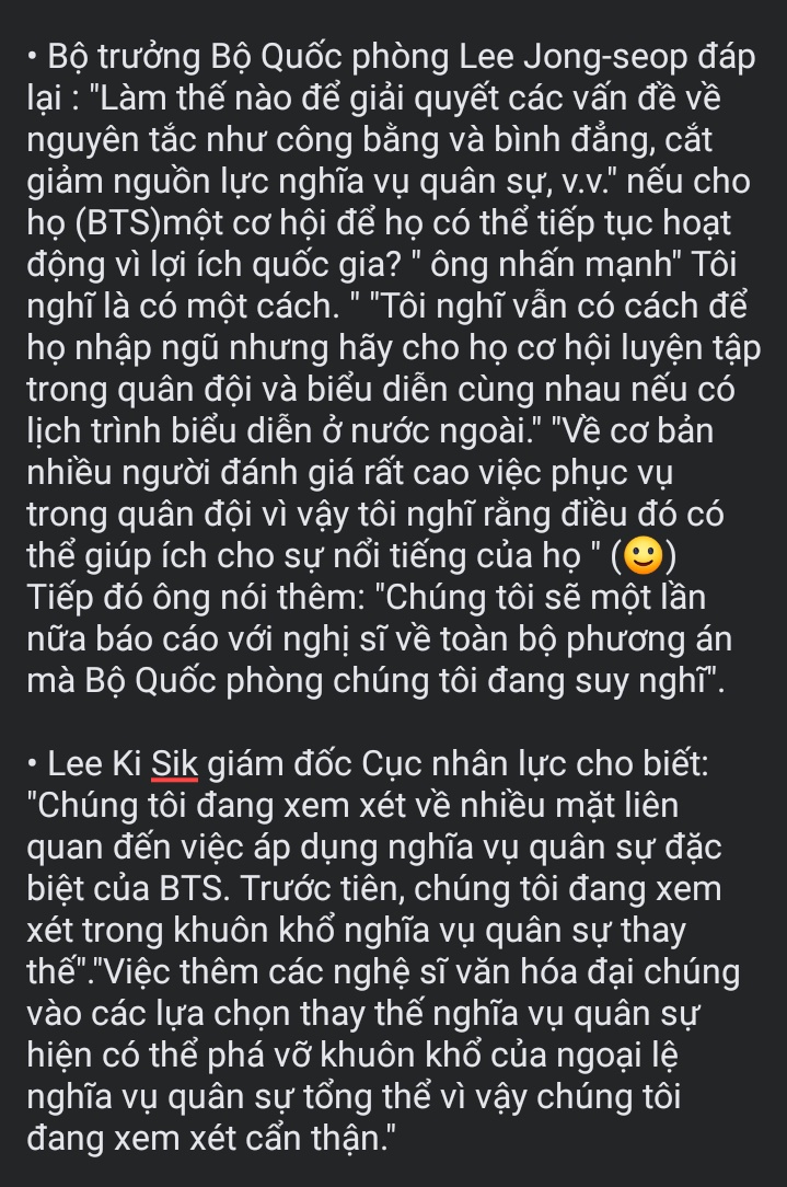 🛑 BỘ QUỐC PHÒNG ĐANG XEM VIỆC NGHĨA VỤ THAY THẾ CHO #BTS? 
Bộ trưởng Lee nói: "Tôi nghĩ sẽ có cách để họ có thể nhập ngũ nhưng hãy cho họ cơ hội luyện tập trong quân đội và biểu diễn cùng nhau nếu có lịch trình biểu diễn ở nước ngoài "