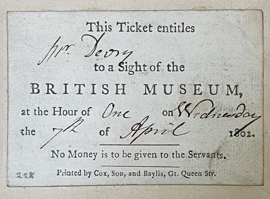 Frannabel2010's tweet photo. @britishmuseum #archive has a large amount of #ephemera, like this ticket for entry to the #BritishMuseum in 1802. #MuseumArchives are a treasure trove - who knows what you might find! #nhm_library @NHM_Library #archives https://t.co/OEmXPYflkv