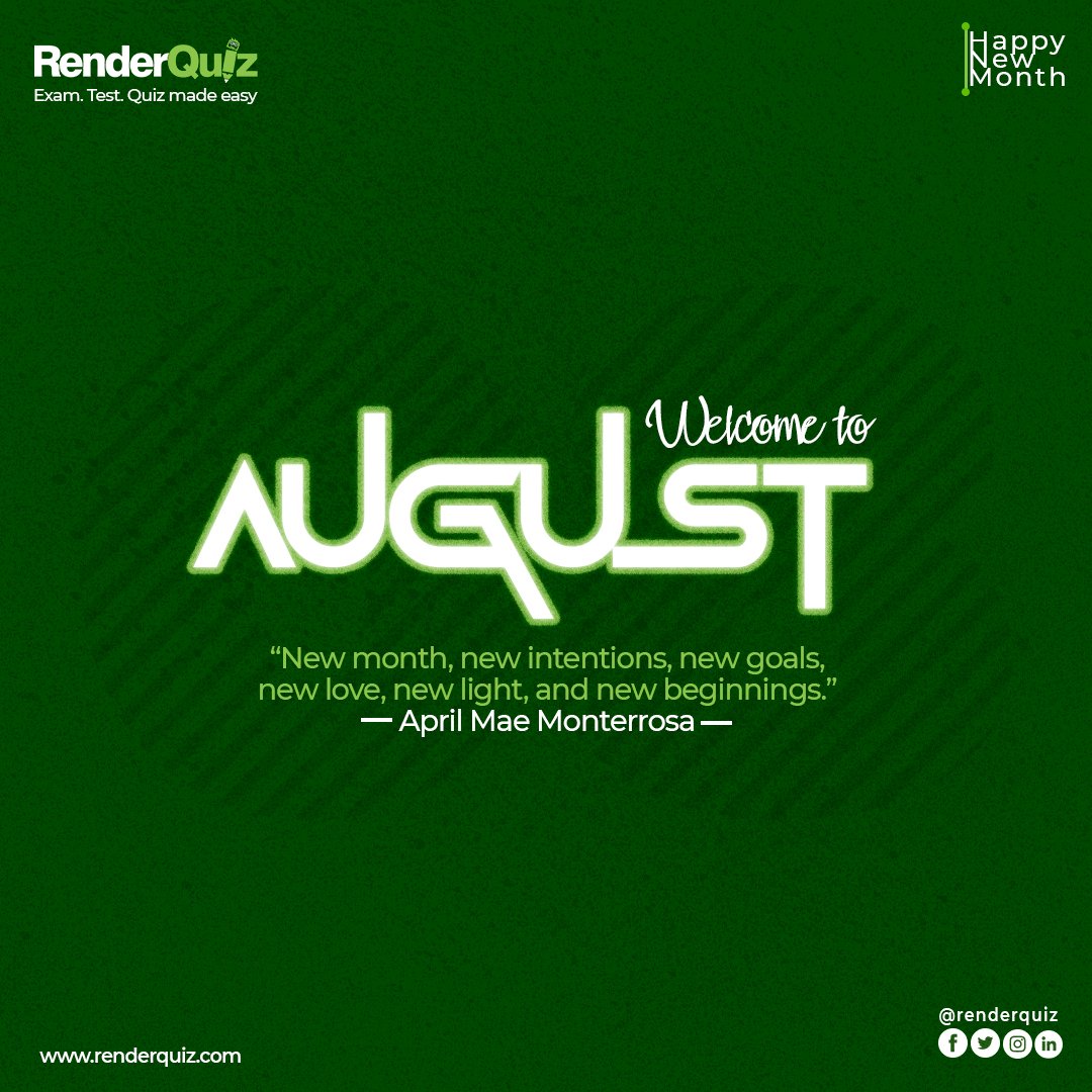 Renderquiz's tweet image. Welcome to August. Get started with RenderQuiz today for all your assessments.
Visit renderquiz.com to sign up for a free account.

#renderquiz #onlineexams #onlinetest #onlinequizcontest #recruitment #recruitmentagency #student #college #assessment #University #quiz