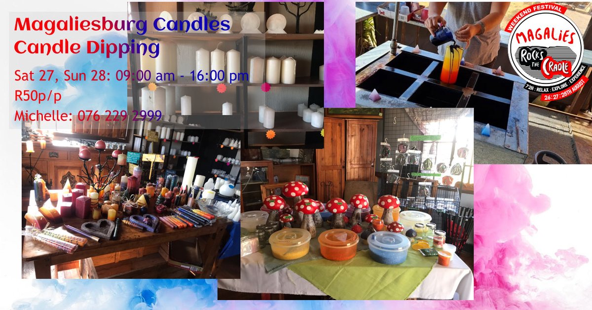 MagaliesRocks's tweet photo. Magaliesburg candles, candle dipping, bath salts, crafts and more.

27 and 28 August - 09:00 am - 16:00 pm
Candle dipping R 50👍🏻🌈👍🏻
Michelle: 076 229 2999

https://t.co/f1FGLf7lln https://t.co/25ZqXtHNWr