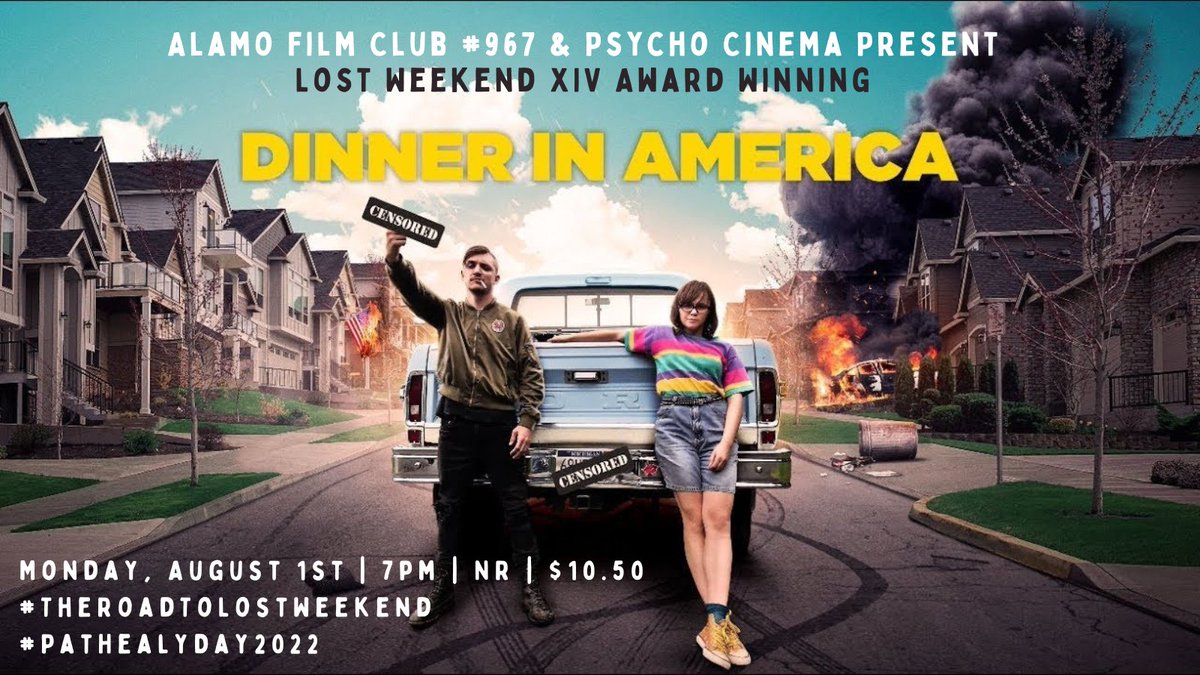 CinemaBandwagon's tweet photo. Tonight, 8/1 at 7pm, join #AlamoFilmClub & #PsychoCinema as we support the #LostWeekendXIV winner, DINNER IN AMERICA making its return to the @alamowinchester! The incredible @Romano_PoliSci hosts along with Faye! Part of our #PatHealyDay month!
Tix: https://t.co/bRNmObImbv https://t.co/UdXBLjLfyA