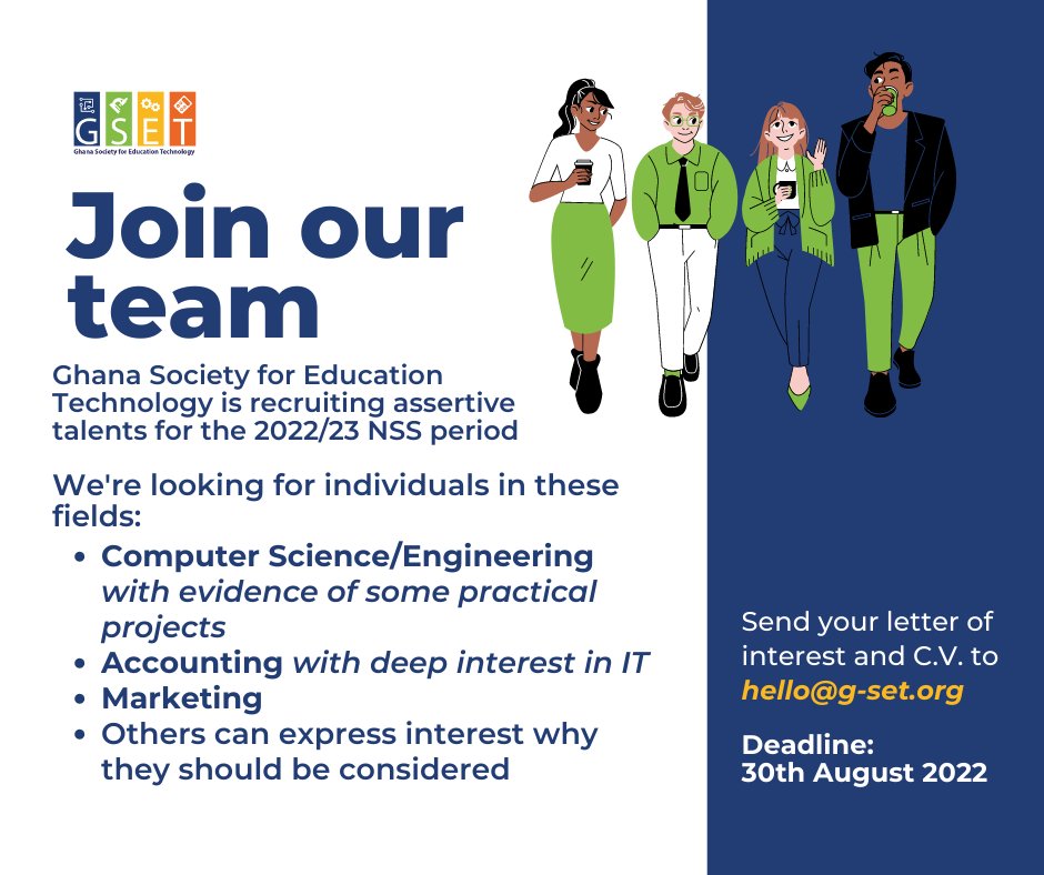 GSET is recruiting National Service Personnel who are into computer science/engineering, accounting, marketing or related fields.

Send a letter of interest and your CV to hello@g-set.org.

#opportunity #development