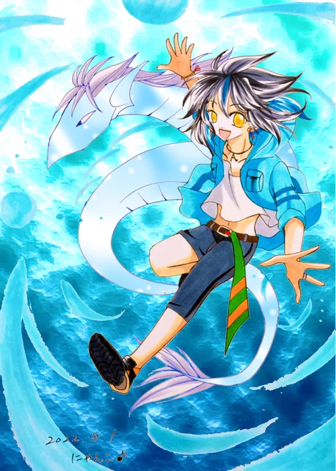 #水の日   今日は水の日と言う事で、水龍と戯れるハレルヤ描きました (衣装・配色など部分的に夏仕様に捏造アレンジ) 水龍は暁をイメージ(笑) 無駄に余白あるけど気にしない  8月も宜しくお願いしまーす⸜(*ˊᗜˋ*)⸝  #にゃんこのアカハル暴走部屋