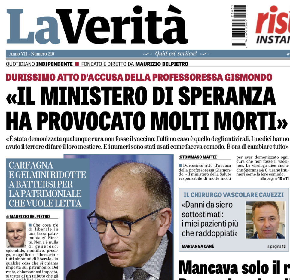 AStramezzi's tweet photo. La Verità di oggi https://t.co/MEp4ToYtew