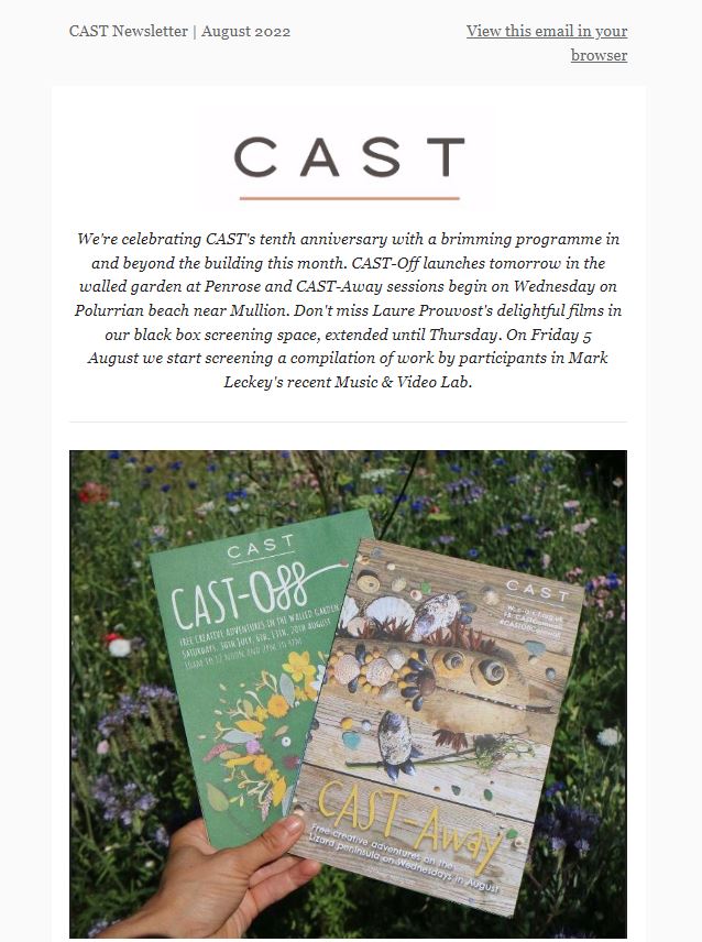 CASTCornwall's tweet photo. Our August newsletter is out now

https://t.co/dfRpZ4waeJ

We're celebrating CAST's tenth anniversary with a brimming programme in and beyond the building this month. 

#castcornwall #helston #cornwall https://t.co/DIF0O4VAR1