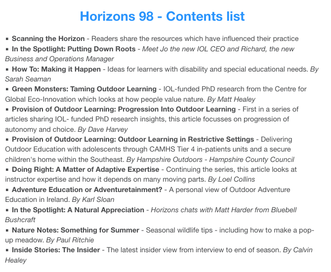 IOLOutdoorProfs's tweet photo. HORIZONS (Summer issue no. 98) is live online NOW in the new page-turning format.
#outdoorlearning #outdoorprofessionals
Free to view for IOL members and subscribers
https://t.co/ewHqCx79Ci https://t.co/2MnBt5QBmN