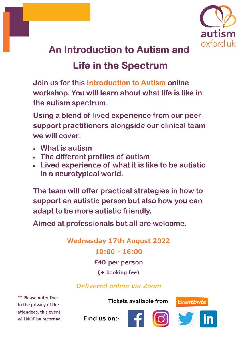 AutismOxfordUK's tweet photo. π WORKSHOP π
We still have tickets available for our online workshop:
'An Introduction to Autism & Life in the Spectrum'.
π
Wednesday 17th August
β° 10am - 4pm.
π» Virtual / Online
#workshop #autism #training #CPD https://t.co/KvopBXUVzD