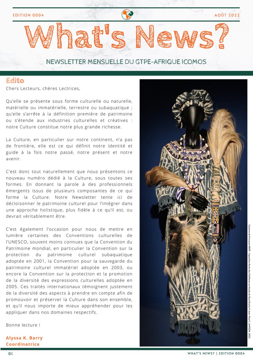 IcomosEpwgAfr's tweet photo. 1/3 Notre #newsletter du mois d'août 2022 est à lire ici :  (Partie 1)👇🏾
 #patrimoineafricain #Convention1972 #Convention2003 #Convention2001 #GTPE #ICOMOS #UNESCO https://t.co/daHVvFG0Xy