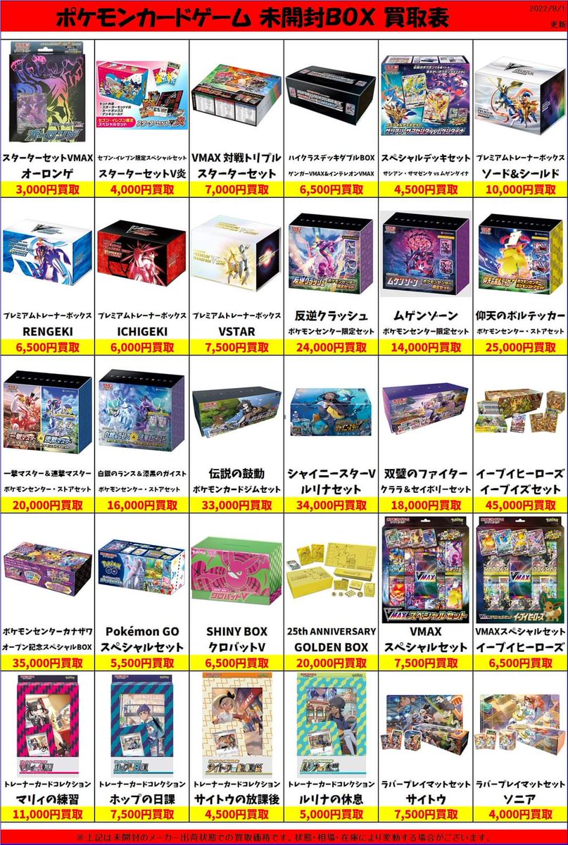 ポケモンカードゲームの未開封ボックス買取価格一覧、今日時点の最新版