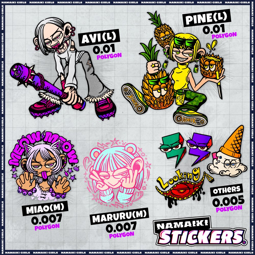 nmik_official's tweet photo. ⚡️👟NAMAIKI STICKERS👟⚡️

新作を明日の20:00にListします！
4人のNAMAIKI GIRLSが登場⚡️

#56 アビ
#75 パイン
#62 ミャオ
#02 マルル

今回も複数mint（５枚）になります✌️
狙ったってください🔥🔥🔥

#NMIKG https://t.co/rTWWGllmMA