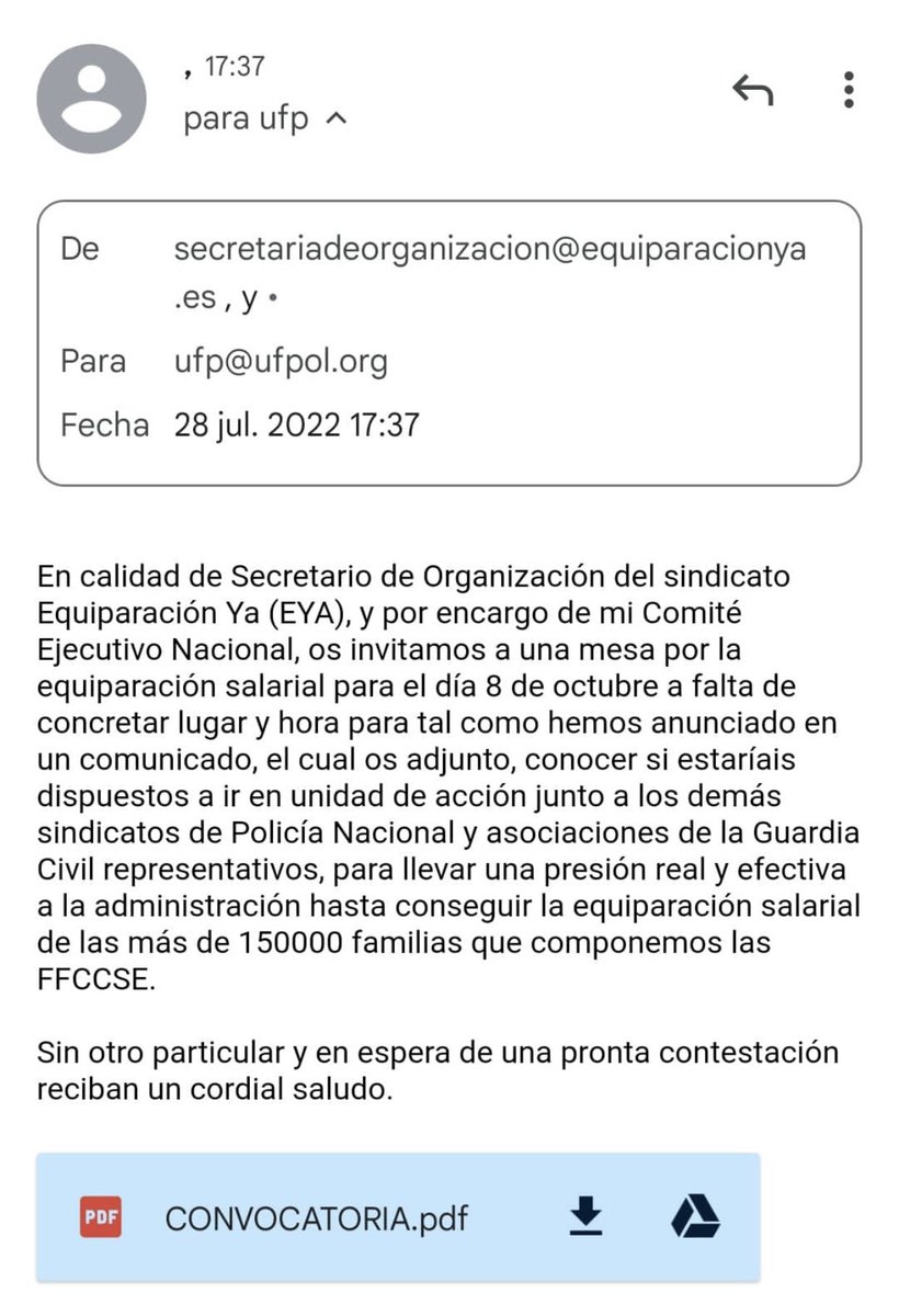 EYAPolicia's tweet photo. Enviamos invitación a los sindicatos de Policía Nacional para la mesa por la #EquiparacionYa día 8 de octubre.

@Sup_Policia 
@ufpol 
@SPPnacional 
@cep_cepolicia 
@JupolNacional https://t.co/BBsQFKOcEl