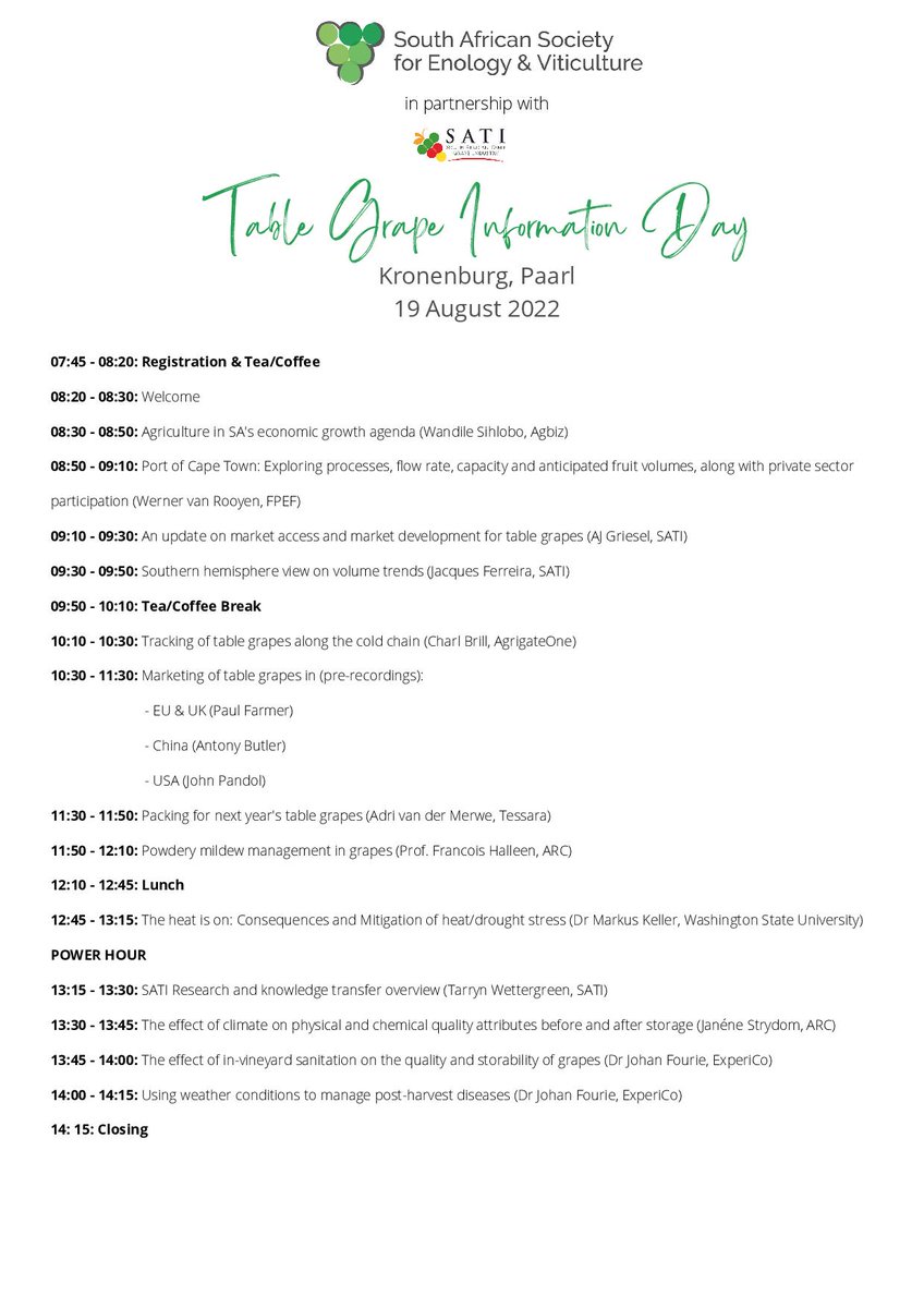 Each year SASEV Table and Raisin Grape Information Days strive 2 capture relevant topics into the programs 4 the respective days. Presenters who are experts in their field get selected with great care. 

#Registernow #relevantcontent #knowledgetransfer #tablegrapes #driedgrapes