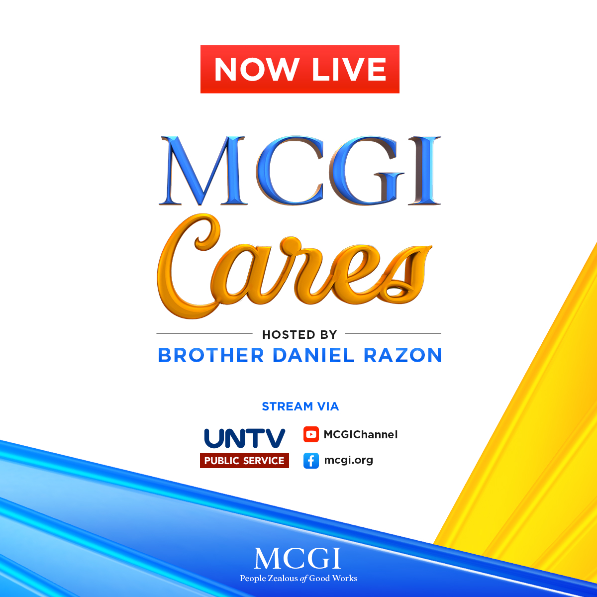 The #MCGICares program is now LIVE!

Enjoy an inspirational and learning-filled episode.

Tune in via UNTV UHF Channel 37 and online via Facebook.com/MCGI.org and YouTube.com/MCGIChannel.

Happy watching, everyone!