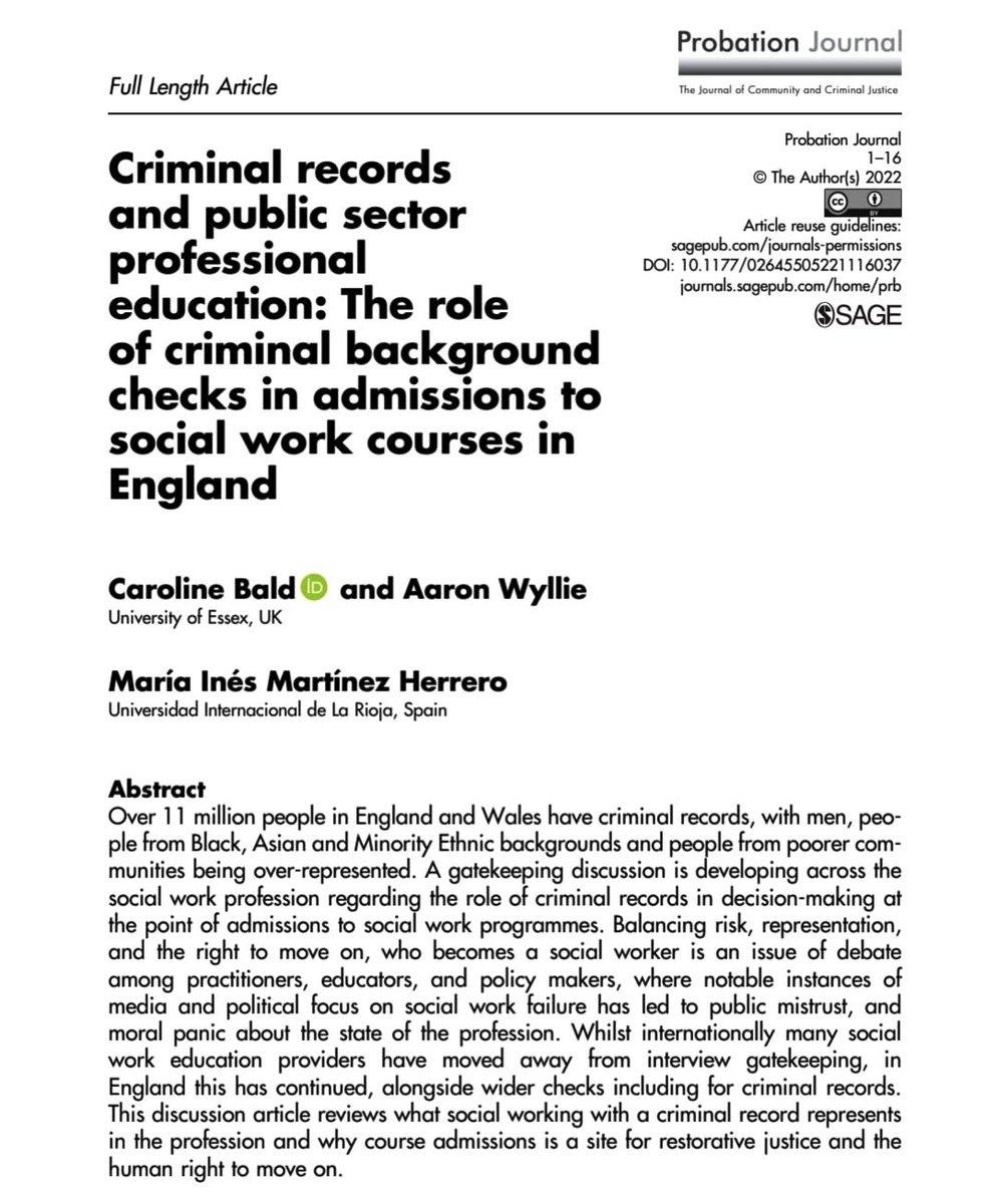 Chuffed to share our #CriminalRecords #SocialWork research article is now online (Special Issue in Autumn). <a href="/AaronCWyllie/">Aaron Wyllie</a> <a href="/MaraInsMartne14/">Inés Martínez</a> 

doi.org/10.1177/026455… 

Thank you to <a href="/DrAndrewHenley/">Andrew Henley</a> <a href="/NicolaCarr/">Nicola Carr</a> &amp; all at <a href="/ProbationJnl/">Probation Journal</a> <a href="/uni_essexhealth/">Health & Social Care</a> <a href="/CCCR_WG/">CCCR Working Group</a> <a href="/BASW_UK/">BASW</a>