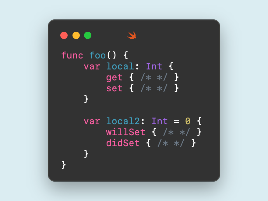 Losiowaty's tweet photo. TIL
You can use getter/setter or property observers on local variables in Swift.
#til https://t.co/kHW5vJSt3J