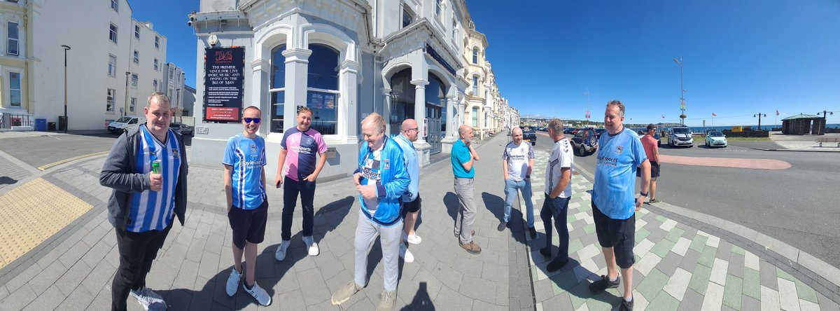 iomCCFC's tweet photo. @NorthernSkyBlu1 10 of us outside the local sports bar yesterday waiting for opening hour.  Not a single duplicated kit (I was in our new purple number).

One of our number @True_Sky_Blue was at the game 👏

Not the exact result we wanted but we go again Sunday!  #PUSB https://t.co/wznNSIhn5Z