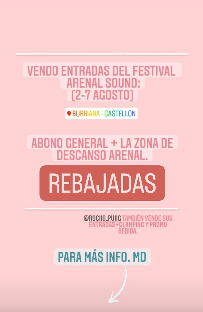 XHeadaches's tweet photo. ¡¡¡VENDO ENTRADAS PARA EL ARENAL SOUND!!!
Me ayudaría mucho si lo compartís🙏🏾🙏🏾 

#ArenalSound22 #vendoentradaarenal #summervibes #Verano2022 #burriana #arenal #yovoyalarenalsound #ArenalSound #playaarenal #festival22 #eleventodelaño #comproentradaarenal https://t.co/CPRfakEcjv