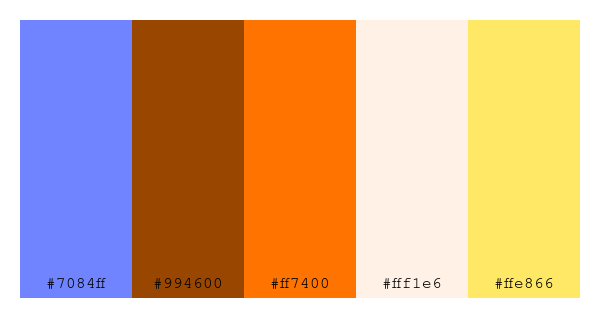 ColPaletteBot's tweet photo. Beep beep, here's a pretty color palette for you! 

color-scheme.js parameters used: 
- hue: 248
- variation: hard
- colors: #7084ff, #994600, #ff7400, #fff1e6, #ffe866

Have a lovely day!

#twitterbot #colorpalette #colors #palette #prettycolors https://t.co/LioStlHCke