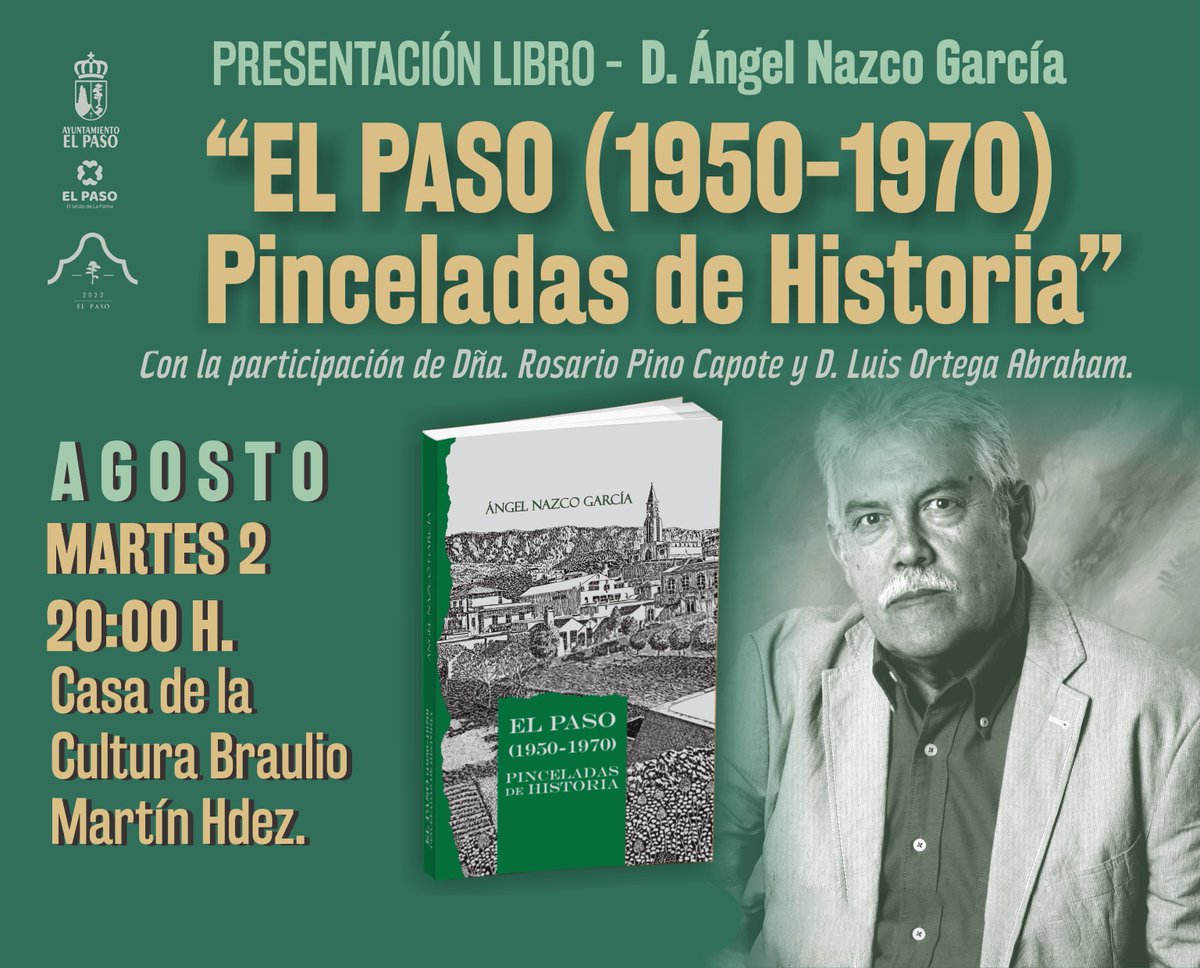 BajadaElPino22's tweet photo. 📖 𝗣𝗿𝗲𝘀𝗲𝗻𝘁𝗮𝗰𝗶𝗼́𝗻 𝗱𝗲𝗹 𝗹𝗶𝗯𝗿𝗼 "𝙀𝙡 𝙋𝙖𝙨𝙤 (1950-1970) 𝙋𝙞𝙣𝙘𝙚𝙡𝙖𝙙𝙖𝙨 𝙙𝙚 𝙃𝙞𝙨𝙩𝙤𝙧𝙞𝙖"  |
🗓 Martes 2 de agosto 
⌚️ 20:00h
📍 Casa de la Cultura Braulio Martín Hernández
#BajadaVirgenDelPino22
#ElSentimientoQueNosUne
#OrgulloPasense
@AytoElPaso https://t.co/oyZ4deXtgJ