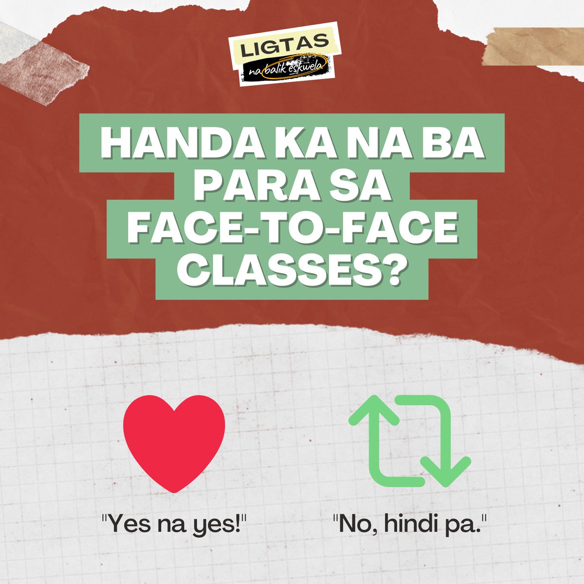 tothenewnormal's tweet photo. Ikaw? Bilang estudyante, guro, kawani, manggagawa, magulang, o bilang ordinaryong Pilipino - Handa ka na ba para sa face-to-face classes?

Ibahagi ang inyong mga sagot gamit ang mga reactions at ang ating comments section!

#IntoTheNewNormal
#LigtasNaBalikEskwela https://t.co/3zzNWPjVMY
