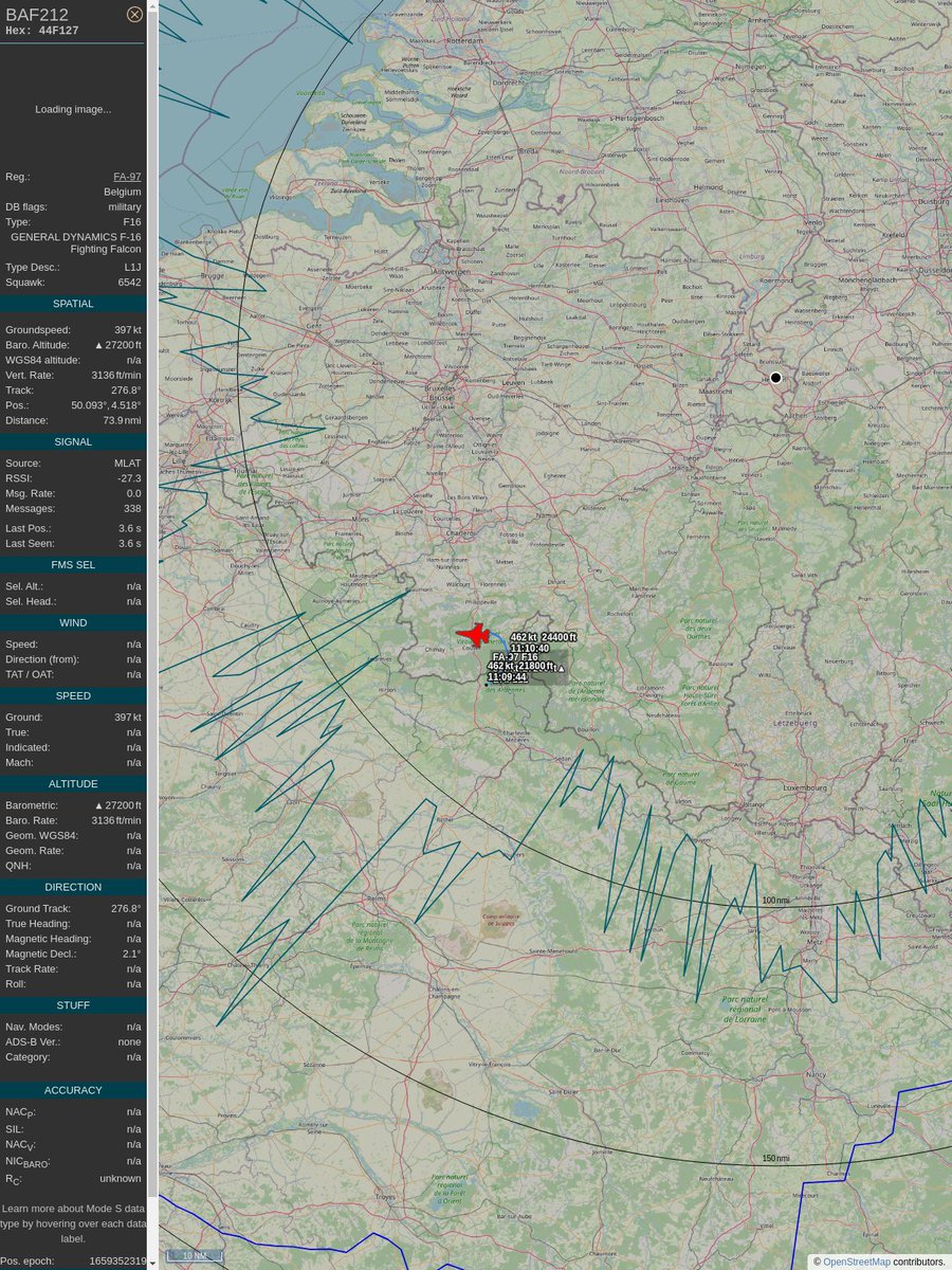 AboveHeerlen's tweet image. #PlaneAlert ICAO: #44F127 Tail: #FA97 Flt: #BAF212 
Owner: #BelgianAirComponent
Aircraft: #F-16AM Fighting Falcon
2022/08/01 13:10:34
#F16 #Mil #JetFighter #Chappy #Luchtcomponent #OtherAirForces mil.be/nl/over-defens… 
globe.adsbexchange.com/?icao=44F127&amp;amp;s…