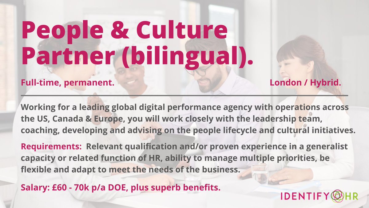 IdentifyRSolns's tweet photo. 🔥 Hot Job! 🔥
We're delighted to be supporting a global #digitalmarketing agency in recruiting a People & Culture Partner (#bilingual in English & French, German or Spanish).
More info: https://t.co/62ZeM3WyuD
#IdentifyTalent #hiring #hrjobs #londonjobs #peoplepartner https://t.co/MJZsex47RS