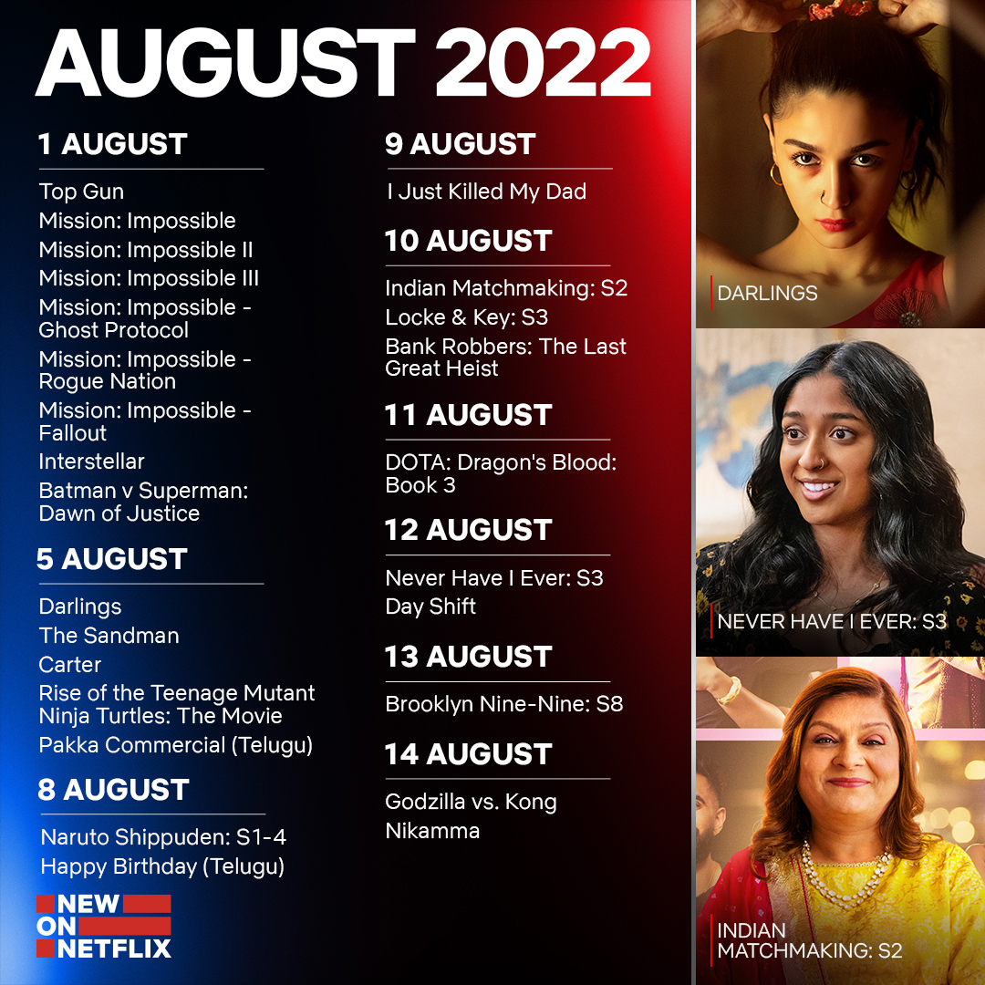 NetflixIndia's tweet photo. AUGUST IS HERE, DARLINGS 🥰
And not being thrilled for these new arrivals? Mission: Impossible 🎉 https://t.co/TssfIZAam7