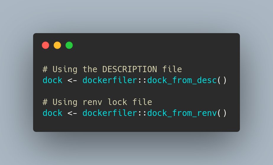 Philippe Massicotte (@philmassicotte) on Twitter photo Just discovered you can create a docker image from for your #rstats project with a one-liner using either the DESCRIPTION file or the `renv` lock file: Just discovered you can create a docker image from for your #rstats project with a one-liner using either the DESCRIPTION file or the `renv` lock file: