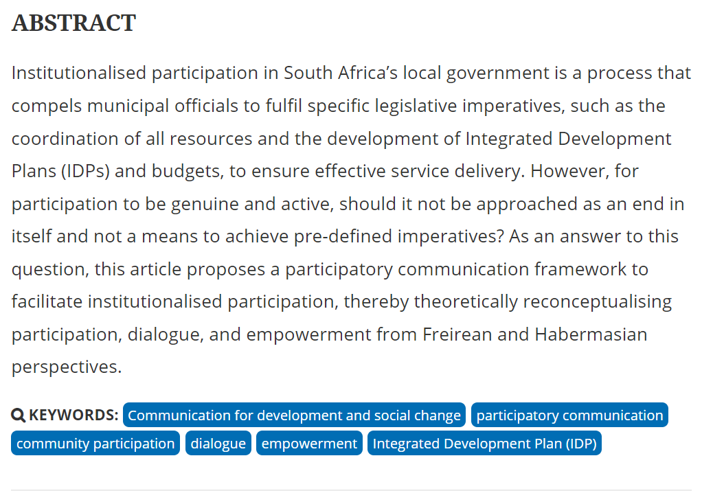 DipDsaa's tweet photo. Tshepang Molale (@DrMolale) &amp; Lynnette Fourie: "A six-step framework for participatory communication and institutionalized participation in #SouthAfrica’s municipal #IDP processes"
https://t.co/WIT0CVatjJ https://t.co/mebdmYZByJ