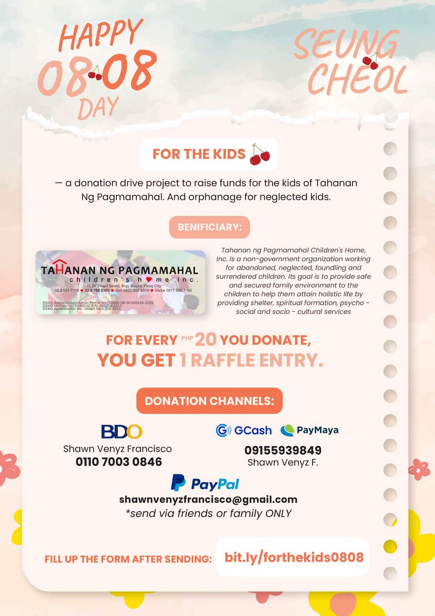 yupsheskitten's tweet photo. 🍒FOR THE KIDS🍒
— year two of our s.coups birthday project that will benefit the kids of Tahanan ng Pagmamahal.

donate at least 20php to be eligible for our raffle!

Win albums, photocards, and more!

🌟any amount is highly appreciated🌟

form: https://t.co/Hpuyh1zT9C https://t.co/bwDFVpezGl