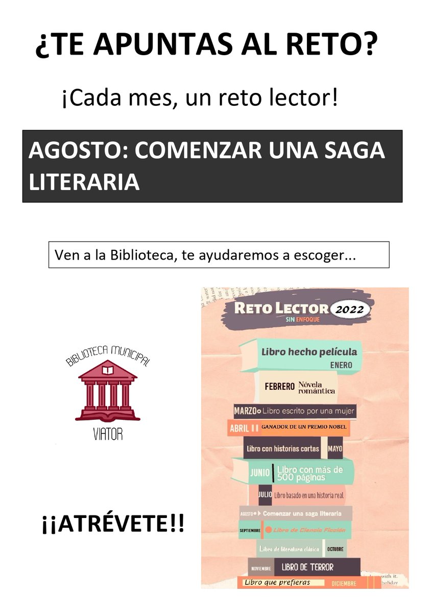 🌞🌞Llega agosto!!
🏖🏖Llega nuestro reto lector más veraniego!!
📕📗📘📙Es momento de comenzar una saga...
ℹ️ℹ️Aquí algunas recomendaciones para tus vacaciones estivales!!
#RetoLectorViator
#culturaviator
#ayuntamientodeviator 
<a href="/ManuelJAlcalde/">Manuel Jesús</a>
@culturaviator
@viatoraldia