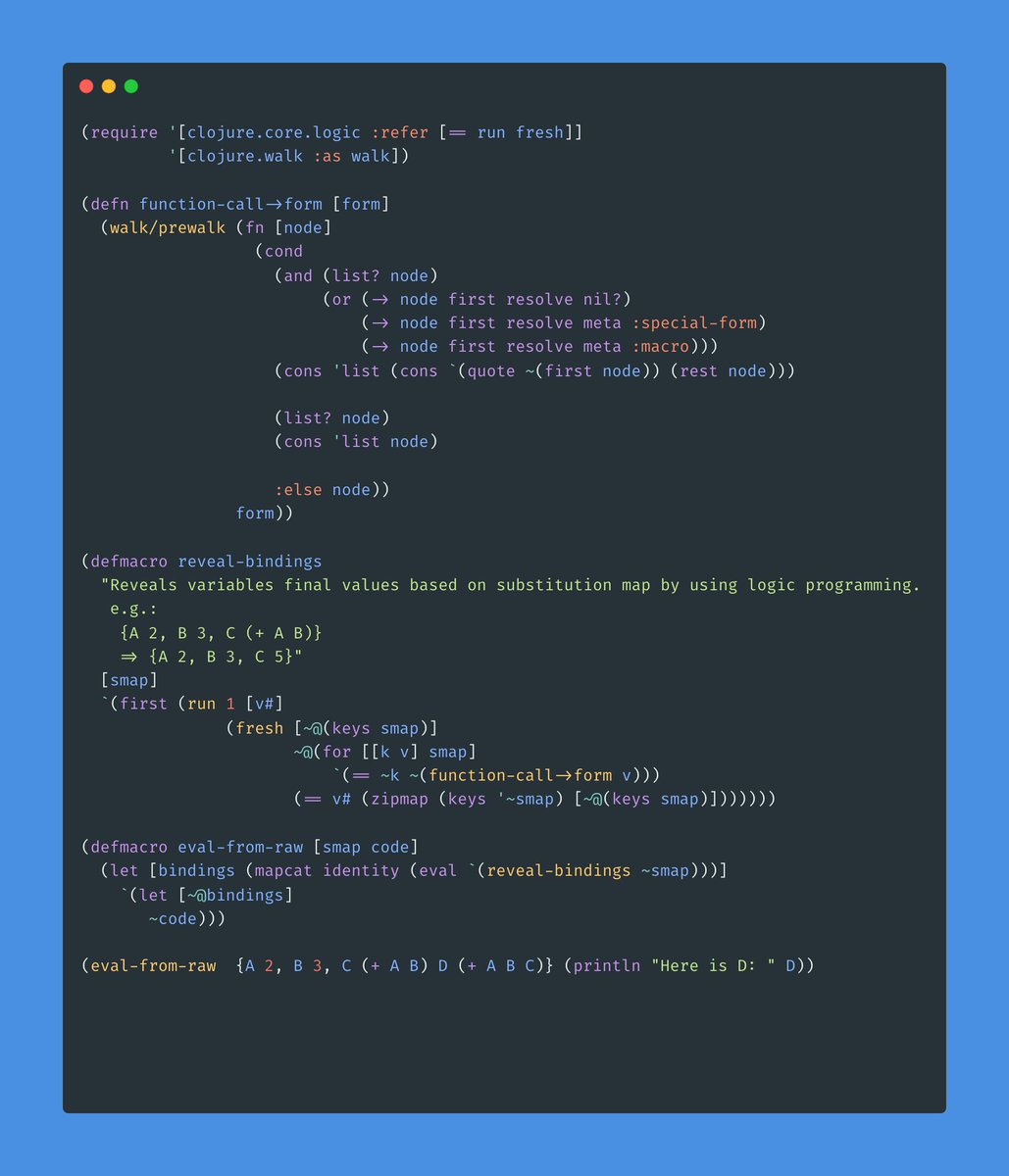 ertuctn's tweet image. Revealing variables based on substitution map using logic programming #Clojure

Gist: gist.github.com/ertugrulcetin/…