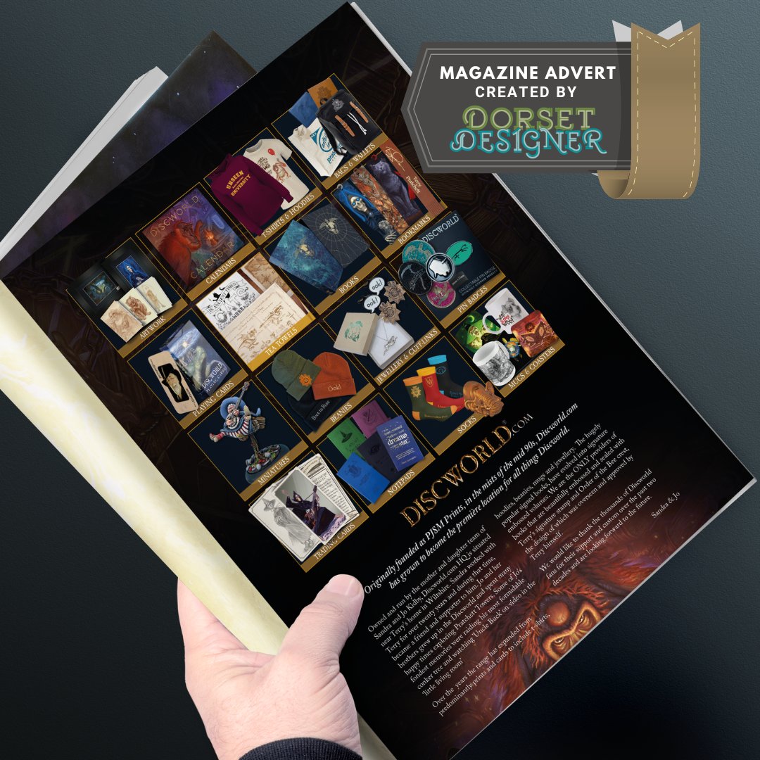 dorsetdesigner's tweet photo. For a number of years now I have been helping out @Discworld_com with all things #graphicdesign. I usually put in a day or two a week. This week a full page #magazineadvert for The #Discworld Convention 2022 to be held in Birmingham at the end of the month.
#advertdesign https://t.co/noi0UsgpMy
