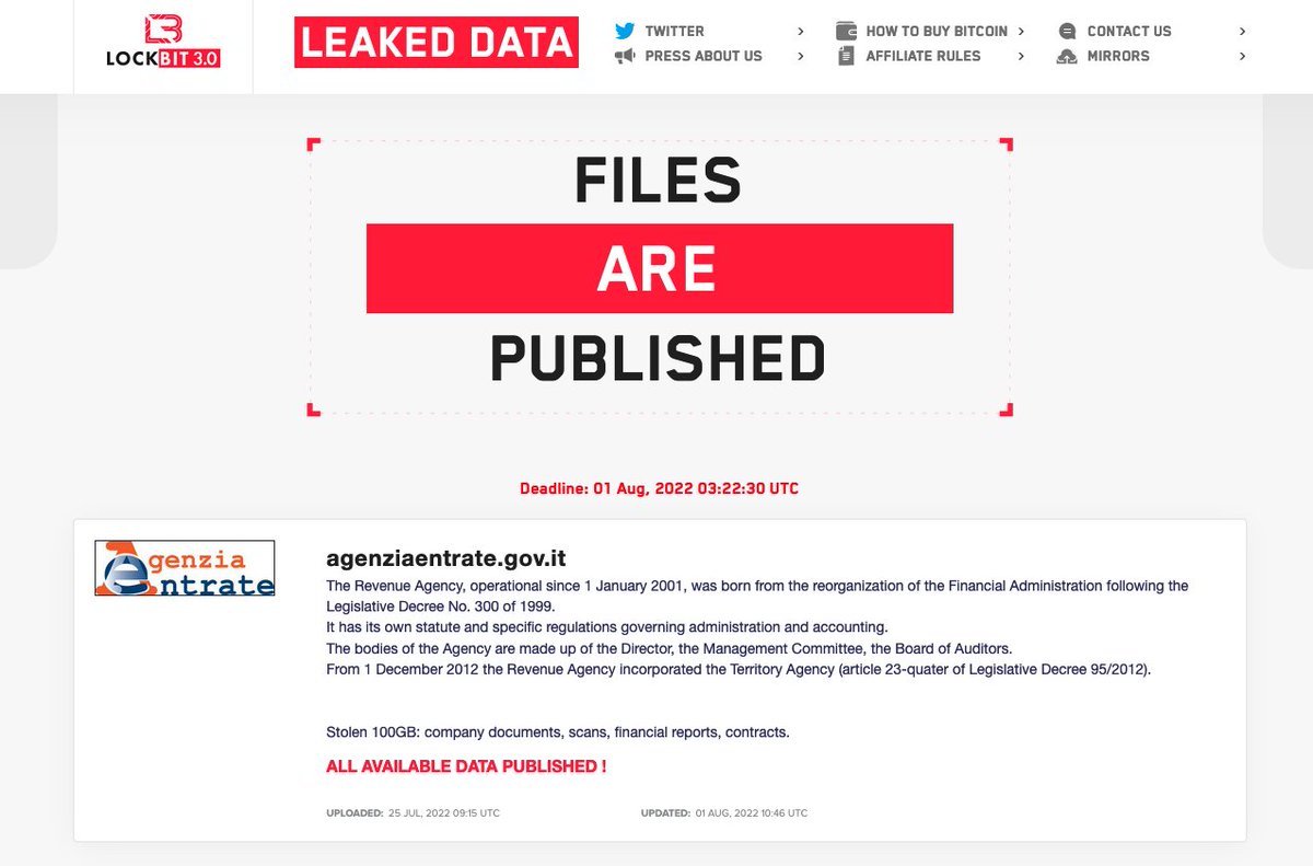 _venarix_'s tweet photo. #Lockbit #ransomware group released the data stolen during the #cyberattack against #GESIS Srl, which contained ~47 GB of data in #Agenzia Entrate's custody, the Italian 🇮🇹 Tax Revenue Agency... https://t.co/cYqHHjFZzJ