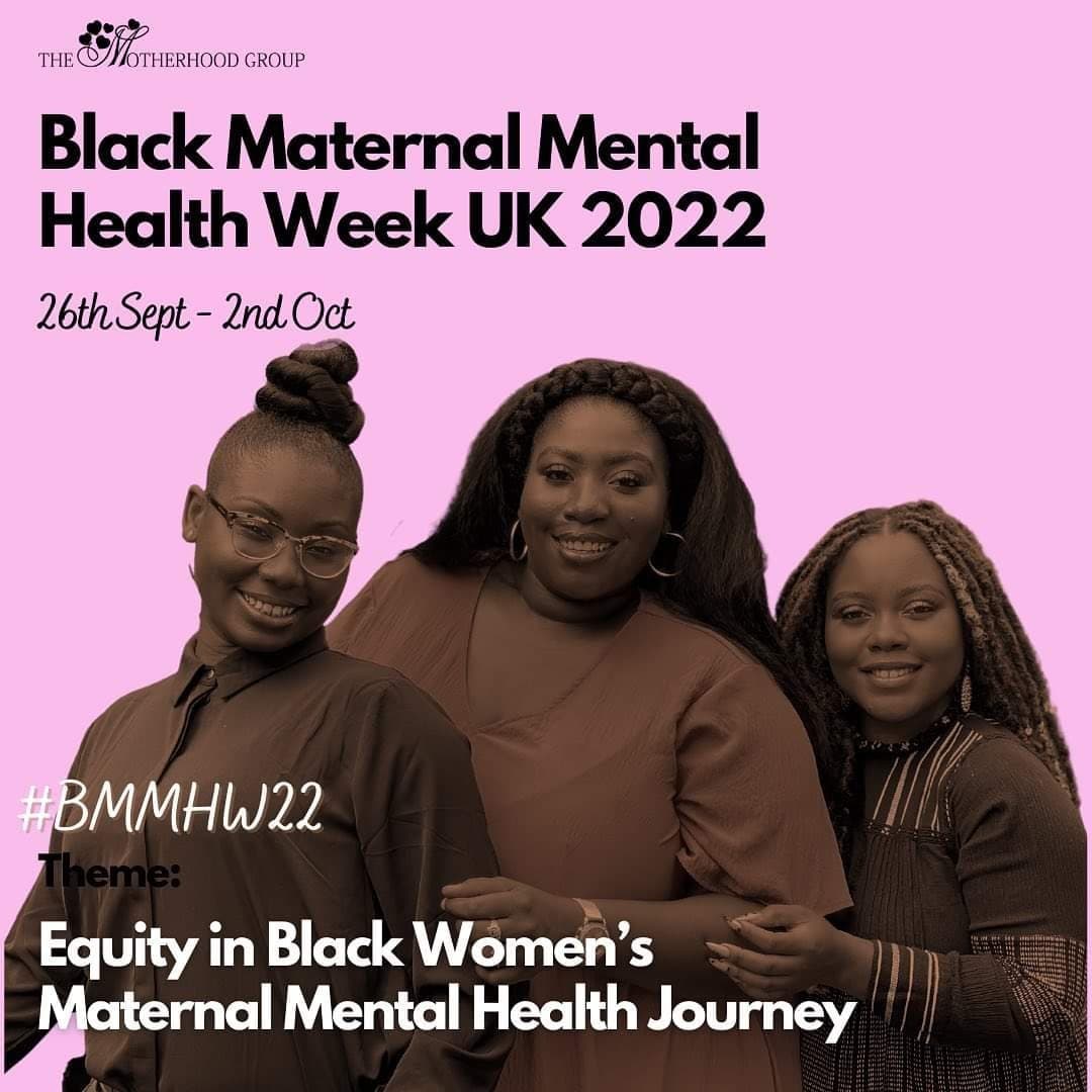 My friends and @PMHPUK members @themotherhoodgroup will be hosting Black Maternal Mental Health Week UK 2022 #BMMHW22 - 26th Sept - the 2nd Oct 

The theme: Equity in Black Women’s Maternal Mental Health Journey.

#BMMHW  #blackmaternalmentalhealthmatters