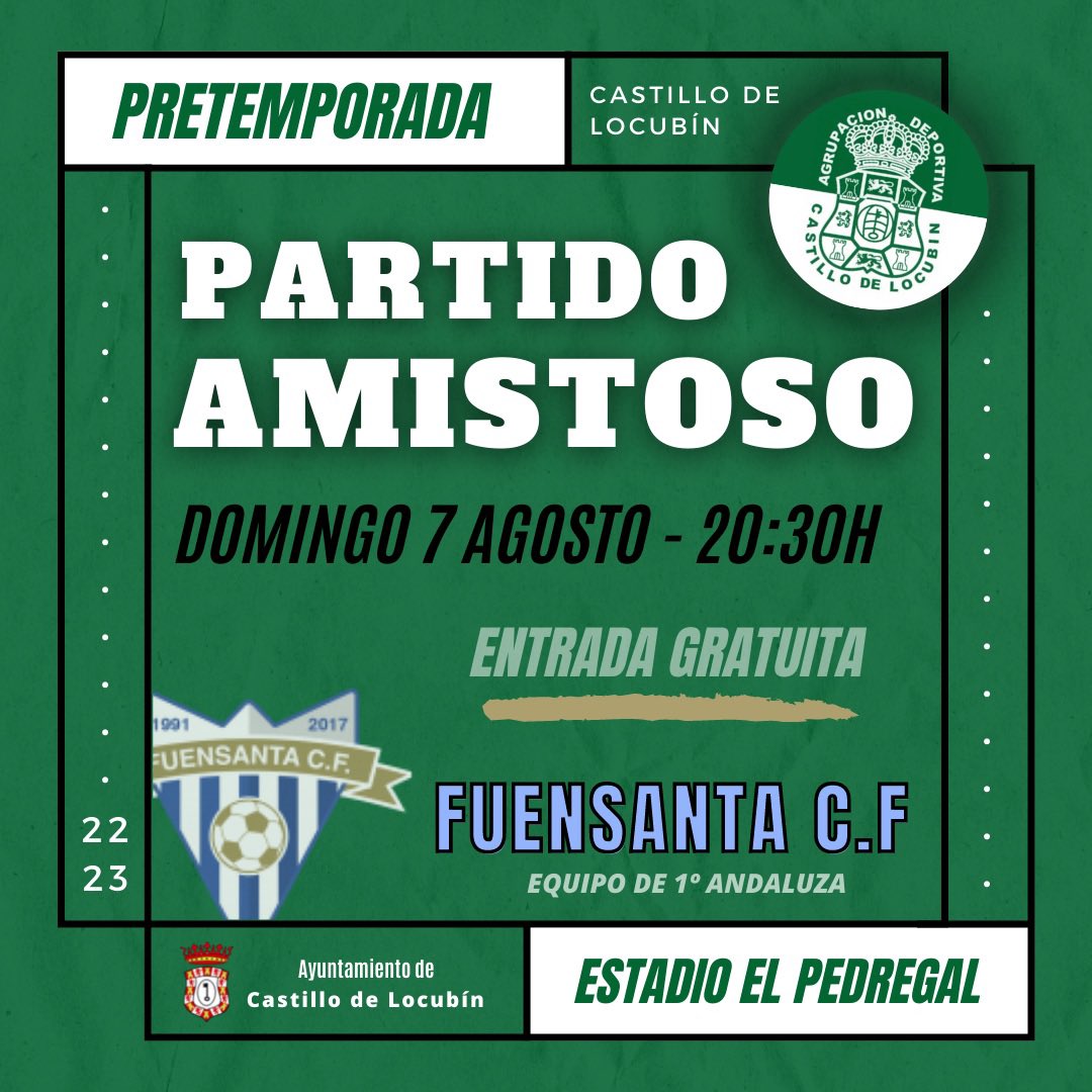 ADCastilloL's tweet photo. ⚽️ Primer partido de la pretemporada.

Nos enfrentamos al @FUENSANTA_CF este domingo. Afición, os esperamos en El Pedregal.

#ADCastillo #CastilloDeLocubín 💚 https://t.co/leEZPSAPKP