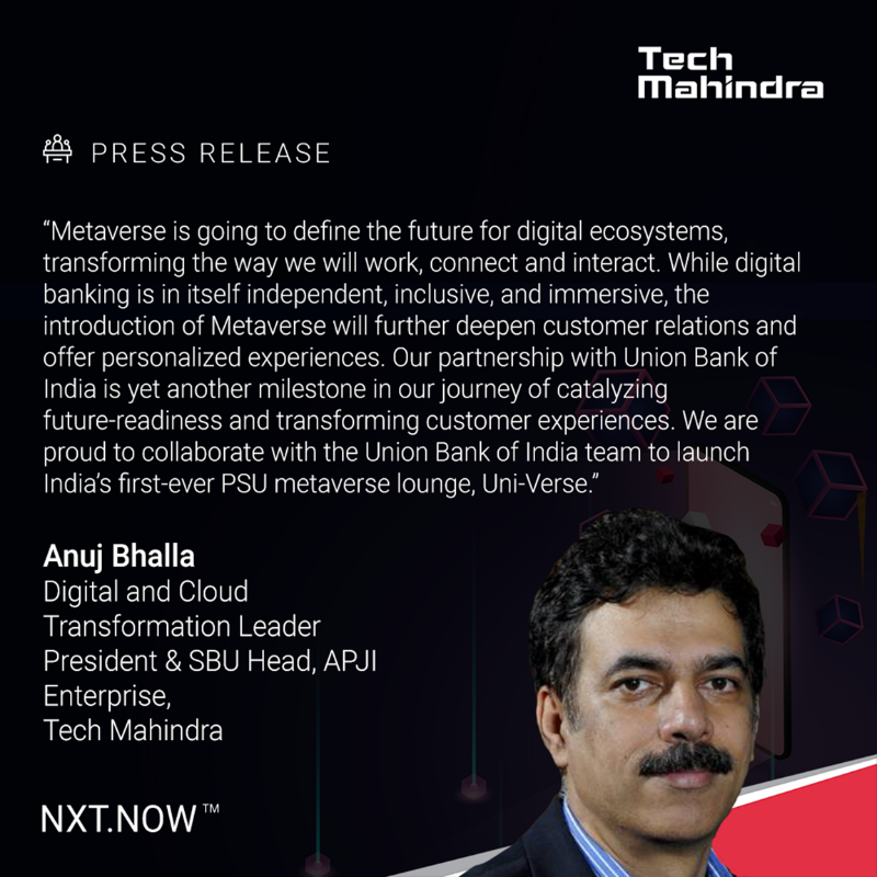 tech_mahindra's tweet photo. We're delighted to partner with the Union Bank of India to launch India’s first PSU Metaverse lounge “Uni-Verse”

Know More - https://t.co/zgtqIfYBqe

#NxtNow #Metaverse #BFSI #Banking @UnionBankTweets