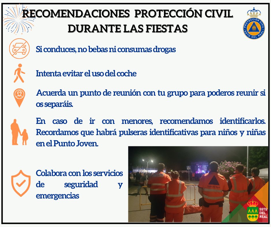 En Fiestas, sigue las recomendaciones de <a href="/PCSotodelReal/">Protección Civil Soto del Real</a> 

- Evita usar el coche
- Ten un punto de reunión con tu grupo
- Recomendamos las pulseras identificativas para menores del Punto Joven (en el acceso al recinto ferial)
- Colabora con los servicios de seguridad y emergencias