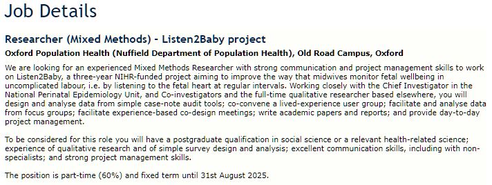 Come and work with us @NPEU_Oxford @Oxford_NDPH  We're looking for a #mixedmethods researcher with strong communication & project management skills to work on Listen2Baby, an @NIHRresearch project aiming to improve fetal monitoring in uncomplicated labour shorturl.at/mqW17