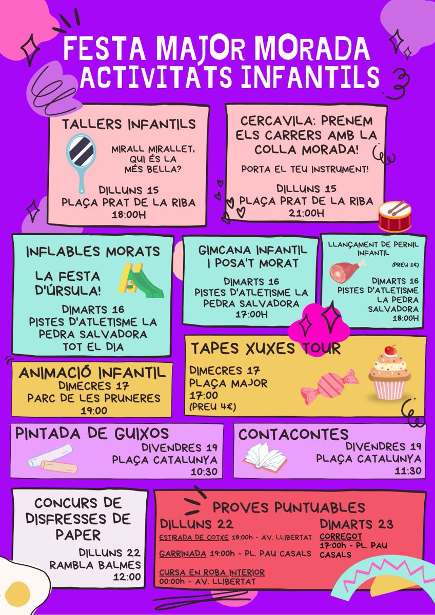 CollaMorada's tweet photo. 🙋🏻♀️Petits i petites de Mollet
🗓️🎭 Encara no teniu plans per aquesta Festa Major de #Mollet?
👀 Feu una ullada a les activitats infantils de la Colla Morada. Les propostes són ben diverses‼️
Vine a fer el dolent amb nosaltres 😏😈
#FmMorada #CollaMorada #MoratsHooligans #FMMollet https://t.co/yjbQarSNlL