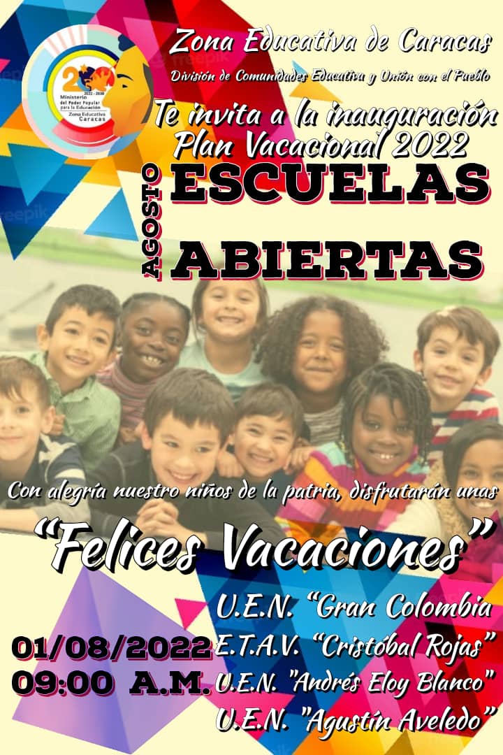 ¡Bienvenido agosto! Iniciamos este mes con nuestro plan "Agosto Escuelas Abiertas" 🎉 con alegría nuestros niños y niñas de la patria disfrutarán estás vacaciones felices 😁
@MPPEDUCACION <a href="/NicolasMaduro/">Nicolás Maduro</a> <a href="/_LaAvanzadora/">Yelitze Santaella</a> <a href="/gracielamarilis/">Graciela Rapisarda</a> <a href="/gestionperfecta/">Carmen Meléndez</a> <a href="/Nahumjfernandez/">Nahum Fernandez</a>