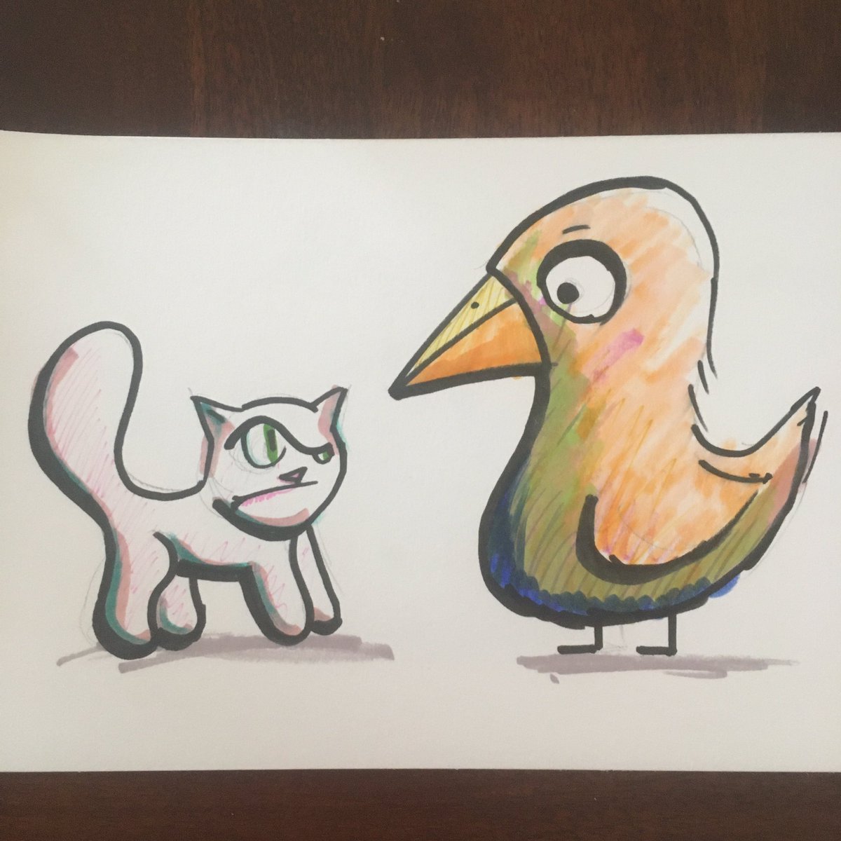 stuffByBez's tweet photo. A cat and the birds were friends but then the bird suddenly enlarged because of its desire to be a cat.

Drawn for Jess Js. 

#BezDay #ArtRequest https://t.co/WAViknxwh0