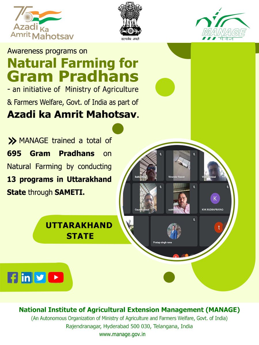 ManageHyd's tweet photo. #MANAGE trained 695 #GramPradhans on #NaturalFarming through 13 #awarenessprograms in #Uttarakhand through #SAMETI #GBPUAT under #AzadikaAmritMahotsav 

#AgriculturalExtensionManagement @chandraagri @SecyAgriGoI @Sampraveen0406 @likhi_dr https://t.co/trH8dSJHRk
