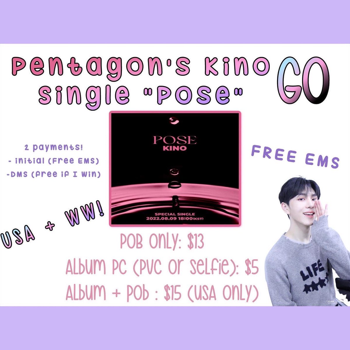 Yoshikochaann's tweet photo. Hosting a group order for kino’s new single “Pose”! Taking claims until August 2! Please message me if you’re interested! #pentagon #pentagongo #kinogo #kpopgrouporder https://t.co/E5fLsvcVqy