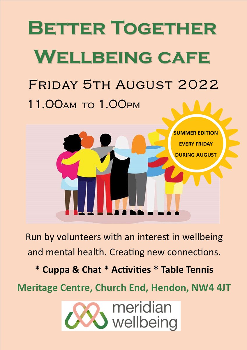 Better Together Wellbeing Cafe Friday 5th August and every Friday in August 🌞 Come and join us for a cuppa and chat, and enjoy activities including Arts &amp; Crafts, Board Games and Table Tennis. User friendly access for all abilities. #mentalhealthmatters
#wellbeingmatters
#Barnet