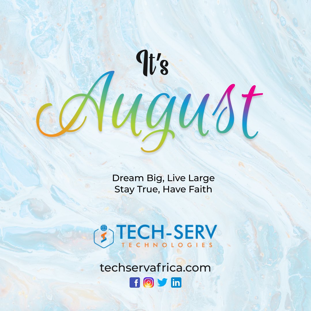 techservafrica's tweet image. A new month constantly presents new challenges, new opportunities and new purposes for every one. 
We pray that you surmount any challenges in this month and embrace new opportunities the month offers.
Happy New Month from us at Tech Serv Technologies.
#August
#Tech
#TechServ