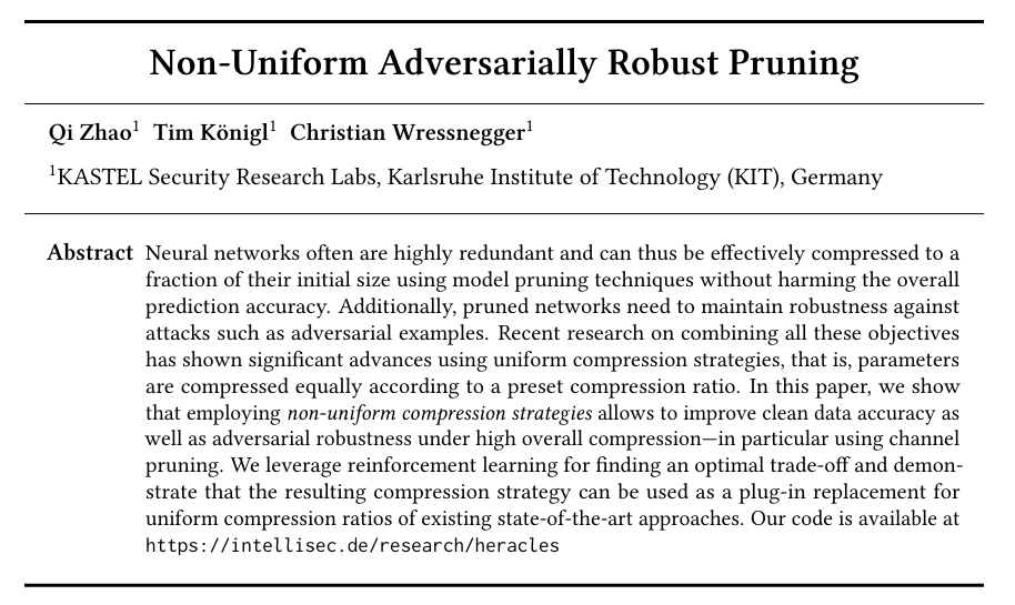 chwress's tweet photo. Today, @qizhao903 presents our work on "Non-Uniform Adversarial Pruning" at the virtual poster session of the #AutoML_Conf 2022. Turns out, AutoML can nicely be used to learn competitive & robust compression of NNs 😎
🧑💻️ https://t.co/gT8122XhaW
📰️ https://t.co/8FfjpfRtf5 https://t.co/X3lVi937fo